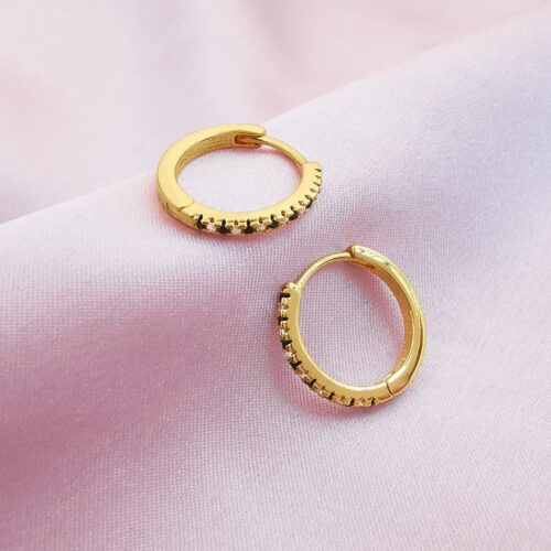 Thin golden layered plated black stone huggie hoops